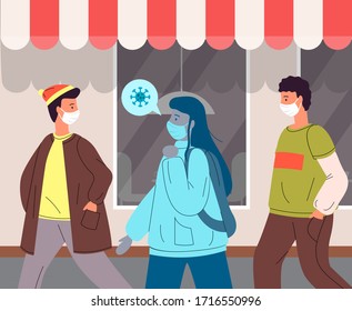 Infected woman break the rules, don't adhere to quarantine and self-isolation. Unhealthy carrier wearing face medical mask spread virus. People don't keep a safe distance in public place near the shop