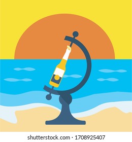 Infected Worldwide spread contamination disease planet background. creative flat design corona bottle beer in sunset on the beach. contagion globe earth vector graphic. coronavirus lemon concept art