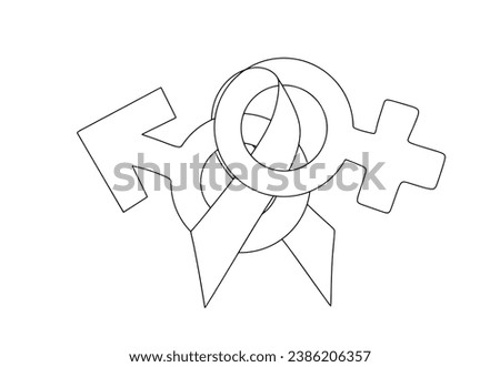 Infection with AIDS through sexual intercourse. Female and male gender symbol and ribbon. World AIDS Day. One line drawing for different uses. Vector illustration.