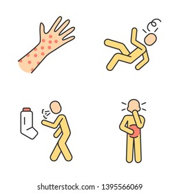 Infection, allergy symptoms color icons set. Skin rash allergic reaction. Asthma attack, bronchitis. Dizziness, fainting, fatigue. Rubeola, measles contagious disease. Isolated vector illustrations