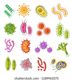 Infection Bacteria And Pandemic Coronavirus Virus Vector Biology Icons. Vector Flat Bacteria Microbe Iluustration. Micro Organism, Allergen Isolated On White Background.