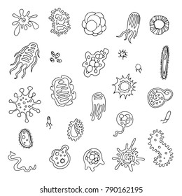 Infection bacteria and pandemic virus vector biology hand draw icons. Illustration of bacteria and microbe organism allergen on white background
