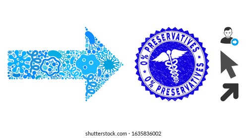 Infection collage arrow icon and round grunge stamp watermark with 0% Preservatives phrase and medical icon. Mosaic vector is composed with arrow icon and with random microbe cell icons.