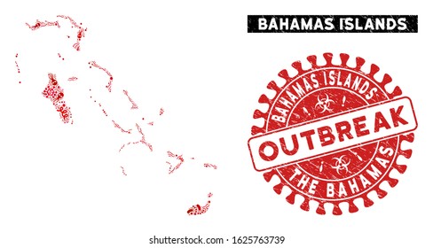 Infection collage Bahamas Islands map and red grunge stamp watermark with OUTBREAK words. Bahamas Islands map collage constructed with random microorganism icons.