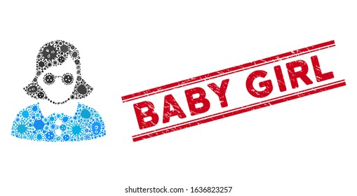 Infection collage blind woman icon and red Baby Girl seal stamp between double parallel lines. Mosaic vector is formed with blind woman icon and with random microbe objects.