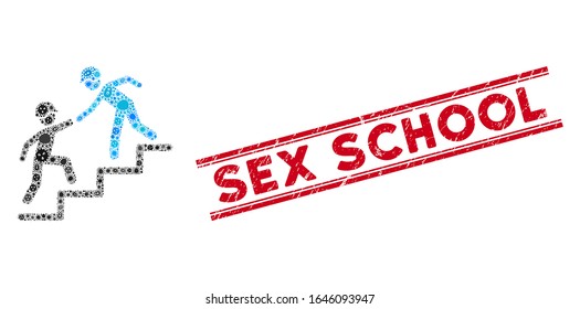 Infection collage builder business help icon and red Sex School seal stamp between double parallel lines.