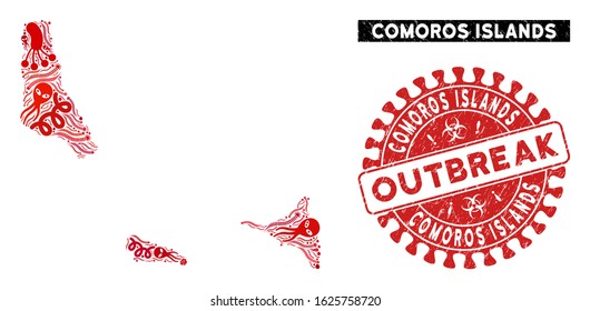 Infection collage Comoros Islands map and red rubber stamp seal with OUTBREAK words. Comoros Islands map collage created with randomized viral symbols.