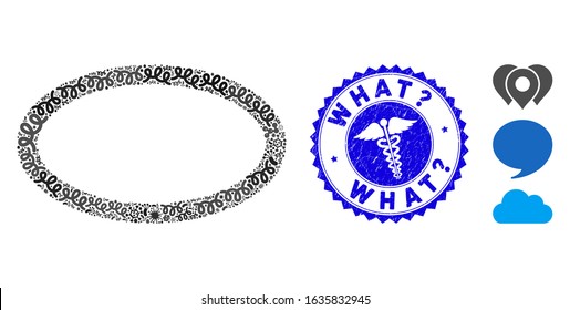 Infection collage ellipse bubble icon and rounded rubber stamp watermark with What? phrase and clinic icon. Mosaic vector is designed with ellipse bubble icon and with randomized infection objects.