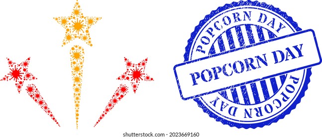 Infection collage fireworks icon, and grunge POPCORN DAY stamp. Fireworks mosaic for pandemic images, and grunge round blue seal imitation. Vector collage is created from scattered bacterium icons.