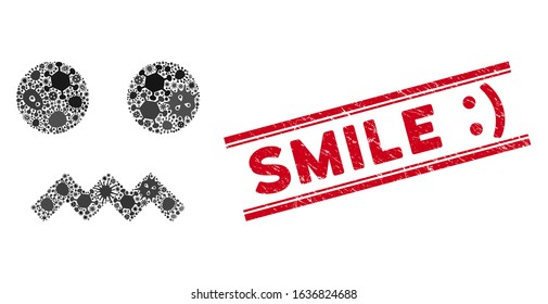 Infection collage fright smiley icon and red Smile :) watermark between double parallel lines. Mosaic vector is designed with fright smiley icon and with randomized infection symbols.