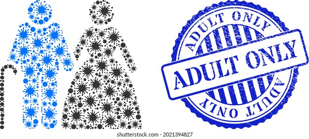 Infection collage grandparents couple icon, and grunge ADULT ONLY seal stamp. Grandparents couple collage for epidemic templates, and scratched round blue seal imitation.