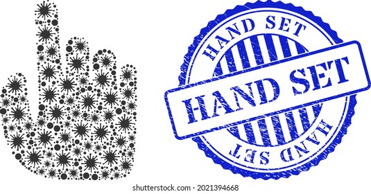 Infection collage index finger icon, and grunge HAND SET seal stamp. Index finger collage for breakout images, and unclean round blue stamp seal.