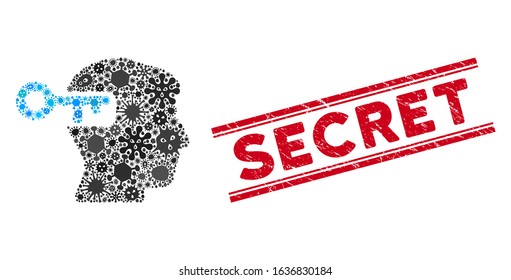 Infection collage intellect key icon and red Secret seal stamp between double parallel lines. Mosaic vector is designed with intellect key icon and with scattered pandemic icons.