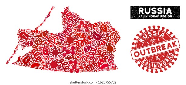 Infection collage Kaliningrad Region map and red grunge stamp seal with OUTBREAK phrase. Kaliningrad Region map collage designed with random viral items.