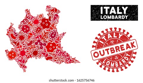 Infection collage Lombardy region map and red grunge stamp watermark with OUTBREAK text. Lombardy region map collage composed with random amoeba icons. Red round OUTBREAK watermark with dirty texture.