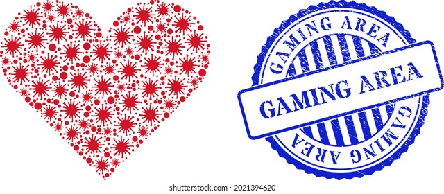 Infection collage playing card heart suit icon, and grunge GAMING AREA stamp. Playing card heart suit collage for medical templates, and grunge round blue seal print.