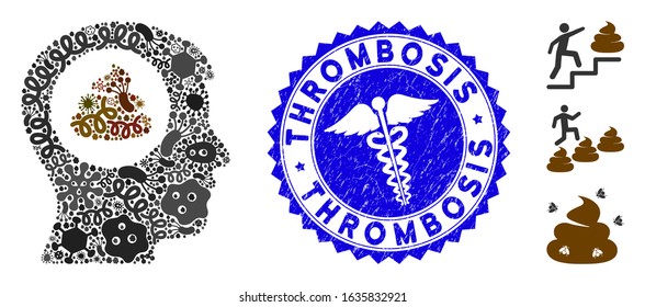 Infection collage shit idea head icon and rounded rubber stamp seal with Thrombosis text and doctor icon. Mosaic vector is designed with shit idea head icon and with scattered microbe icons.