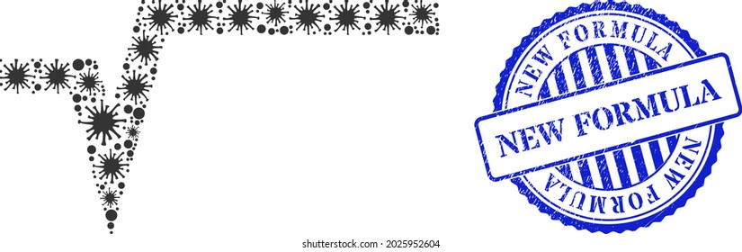 Infection collage square root icon, and grunge NEW FORMULA stamp. Square root collage for epidemic images, and scratched round blue stamp seal. Vector collage is constructed of random Covid elements.
