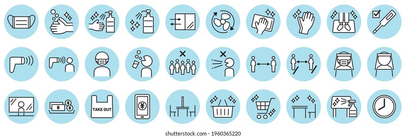 Infection control line drawing icons for use in supermarkets and stores