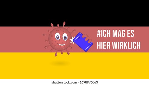 Infection with coronavirus in Germany. Cartoon happy image of the virus on the background of the flag. Vector illustration. Banner, cover, postcard, flyer, poster for
promotion action.