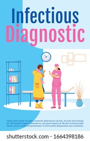 Plantilla vectorial plana del cartel de diagnóstico de infección. Comprobación de los síntomas de la enfermedad. Folleto, folleto, diseño de concepto de una página con personajes de dibujos animados. Folleto de análisis clínico profesional, folleto