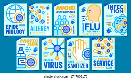 Afiches Creativos De Epidemiología De Infección Set Vector. Carteles De Publicidad De Sanitizer Y Germs Protection, Virus Y Enfermedades De Infección, Gripe Y Alimentos. Ilustraciones de color con estilo de plantilla de concepto