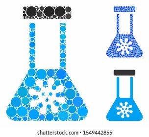 Infection flask composition of small circles in variable sizes and color hues, based on infection flask icon. Vector filled circles are grouped into blue collage.