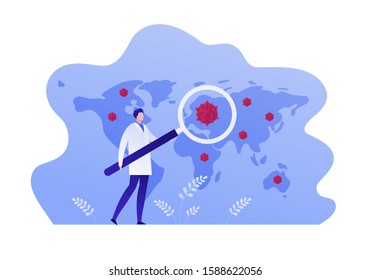 Infection global research concept. Vector flat person illustration. Doctor with magnifier study blood drop on world map. Design element for medicine banner, poster, background, web, infographic.