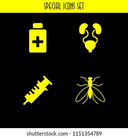 infection icon. 4 infection set with vaccine, mosquito from top view, antiseptic and bladder vector icons for web and mobile app