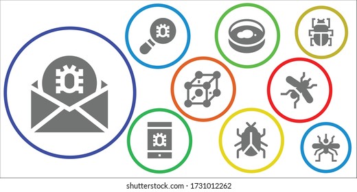 infection icon set. 9 filled infection icons. Included Virus, Petri dish, Cells, Mosquito, Fleas icons