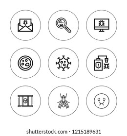 Infection icon set. collection of 9 outline infection icons with bacteria, fly, malware, petri dish, sick icons. editable icons.