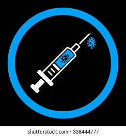 Infection Injection vector icon. Style is bicolor flat rounded symbol, blue and white colors, rounded angles, black background.
