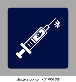 Infection Injection vector icon. Style is flat rounded square button, white and dark blue colors, silver background.