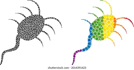 Icono de composición de microbio de infección de círculos llenos en diferentes tamaños y tonos de color arcoiris. Un microbio de infección con puntos de color LGBT para lesbianas, gays, bisexuales y transgéneros.