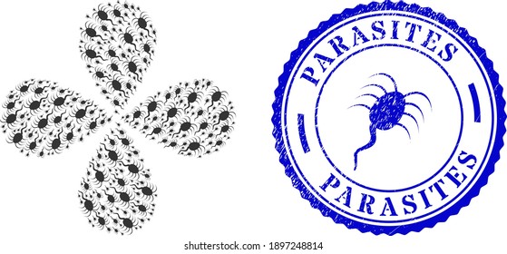 Infection microbe explosion flower with four petals, and blue round PARASITES rough stamp seal with icon inside. Element centrifugal explosion done from oriented infection microbe symbols.