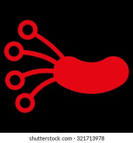 Infection Microbe vector icon. Style is flat symbol, red color, rounded angles, black background.