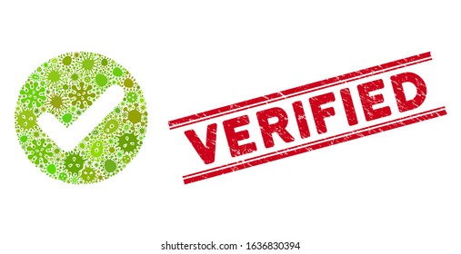 Infection mosaic accept icon and red Verified seal stamp between double parallel lines. Mosaic vector is composed from accept icon and with random pandemic symbols. Verified seal uses red color,