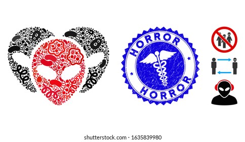 Infection mosaic alien visitor heads icon and rounded rubber stamp watermark with Horror phrase and medical icon.