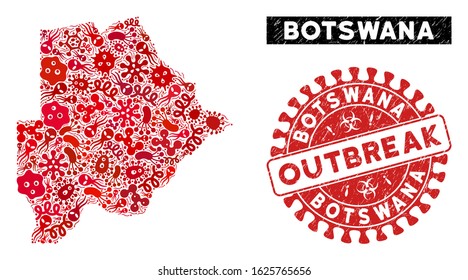 Infection mosaic Botswana map and red distressed stamp seal with OUTBREAK phrase. Botswana map collage created with randomized infectious icons. Red round OUTBREAK seal stamp with grunge texture.