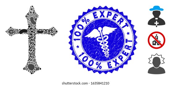 Infection mosaic Christian cross icon and round grunge stamp watermark with 100% Expert caption and doctor icon. Mosaic vector is formed with Christian cross icon and with random contagion elements.