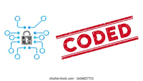 Infection mosaic cryptography icon and red Coded seal stamp between double parallel lines. Mosaic vector is formed from cryptography icon and with randomized infection items.