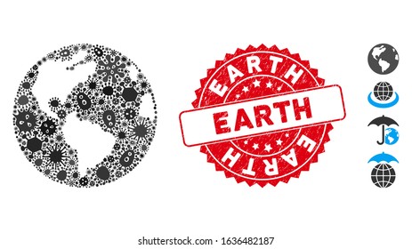 Infection mosaic Earth icon and round corroded stamp seal with Earth text. Mosaic vector is designed with Earth icon and with randomized pandemic items. Earth stamp uses red color, and rubber design.