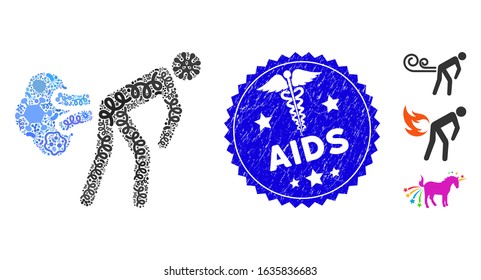 Infection mosaic fart gases icon and rounded rubber stamp seal with AIDS phrase and medical sign. Mosaic vector is composed with fart gases icon and with randomized contagion objects.