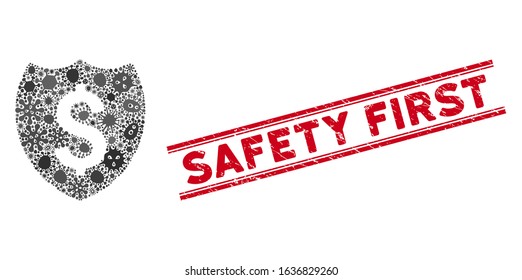 Infection mosaic financial shield icon and red Safety First seal between double parallel lines. Mosaic vector is designed from financial shield icon and with randomized infection objects.