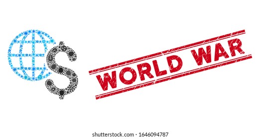 Infection mosaic global economics icon and red World War seal stamp between double parallel lines. Mosaic vector is designed from global economics icon and with random virus elements.