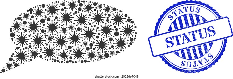 Infection mosaic message cloud icon, and grunge STATUS seal. Message cloud mosaic for medical templates, and textured round blue stamp seal. Vector mosaic is designed from randomized infection parts.