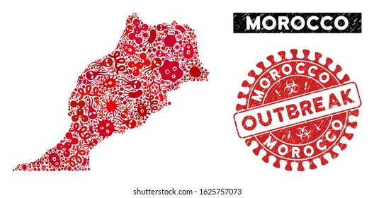 Infection mosaic Morocco map and red corroded stamp watermark with OUTBREAK message. Morocco map collage created with randomized viral items. Red round OUTBREAK watermark with scratched texture.