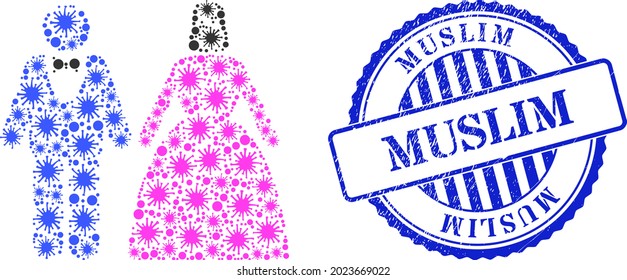 Infection mosaic muslim marriage couple icon, and grunge MUSLIM seal. Muslim marriage couple collage for epidemic images, and grunge round blue stamp seal.