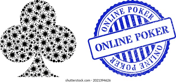 Infection mosaic playing card club suit icon, and grunge ONLINE POKER badge. Playing card club suit mosaic for pandemic templates, and scratched round blue stamp imprint.