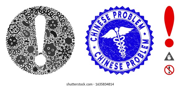Infection mosaic problem icon and rounded corroded stamp seal with Chinese Problem caption and caduceus icon. Mosaic vector is created with problem pictogram and with scattered bacillus objects.